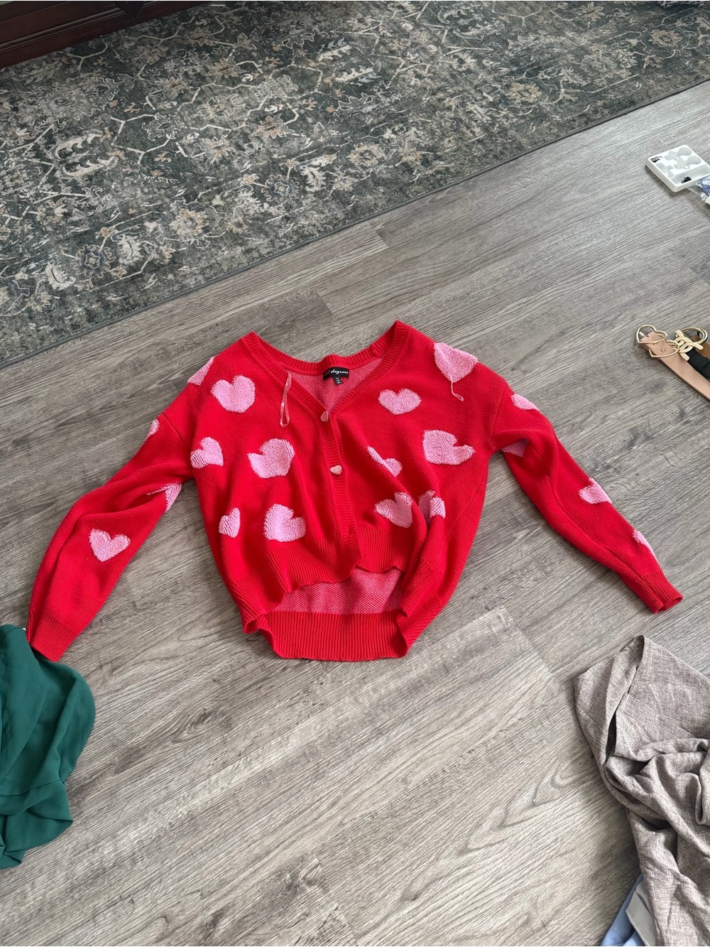 32 Degrees Red Cardigan Sweater with Pink Heart Pattern